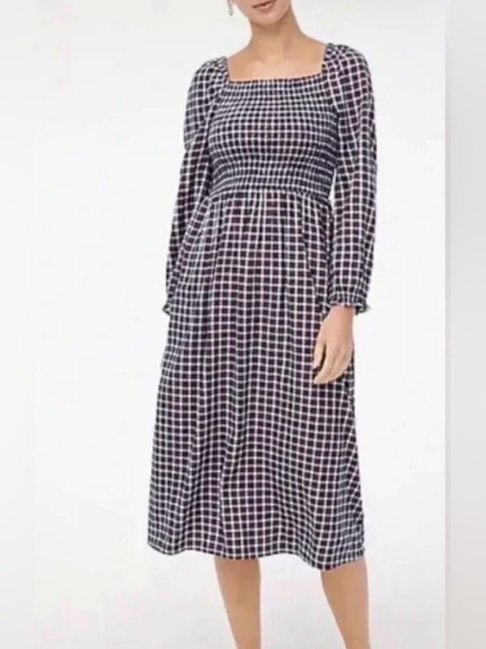 J. Crew Black and White Check Smocked Midi Dress
